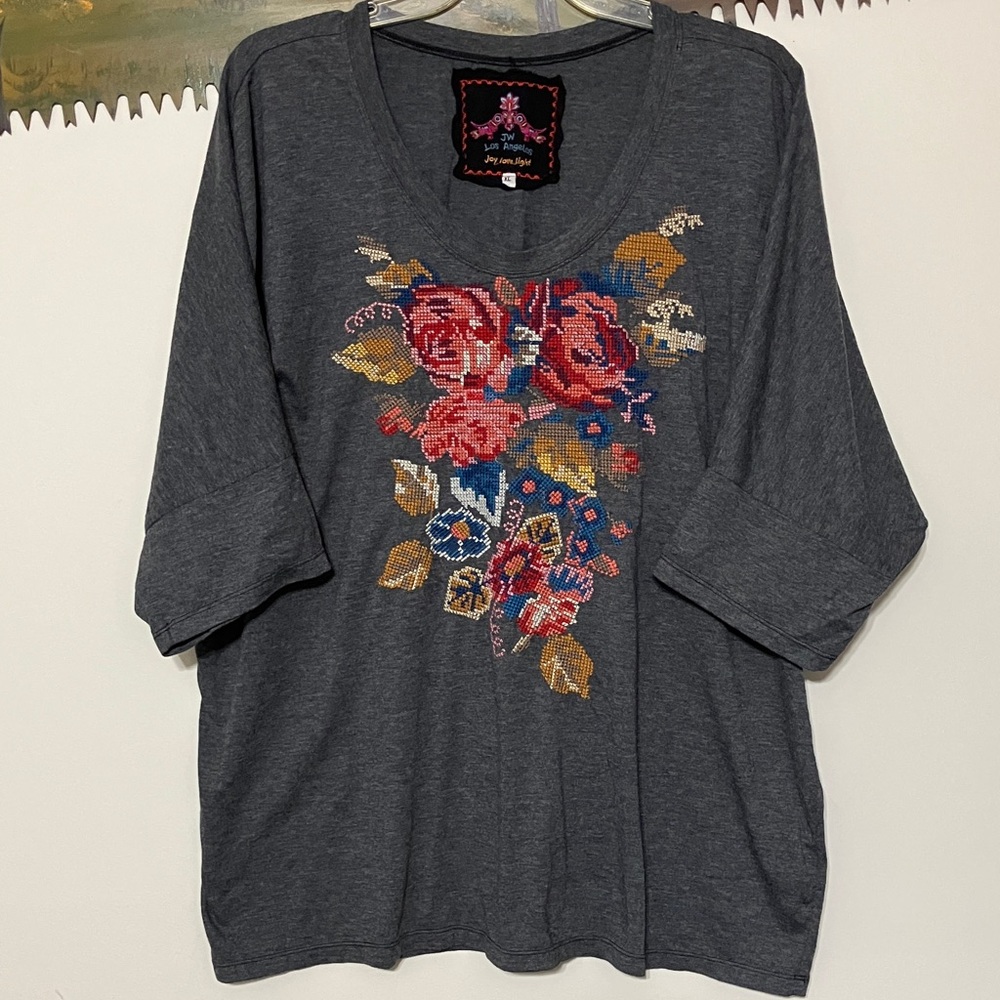 Johnny Was Hannah Rose Charcoal Floral Embroidered Mid Sleeve Top Size XL